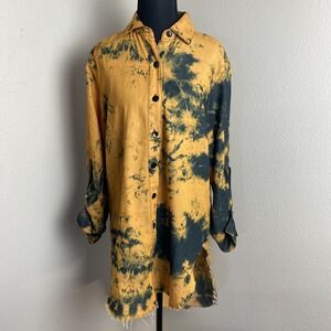 Thrill Jeans Shirt Women's Large Orange Blue Bleach Splatter Raw Hem Trendy Moto